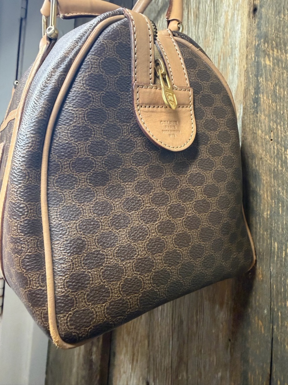 Vintage CELINE Brown Canvas Macadam Leather Boston Tote Bag Made in Italy - Picture 4 of 16